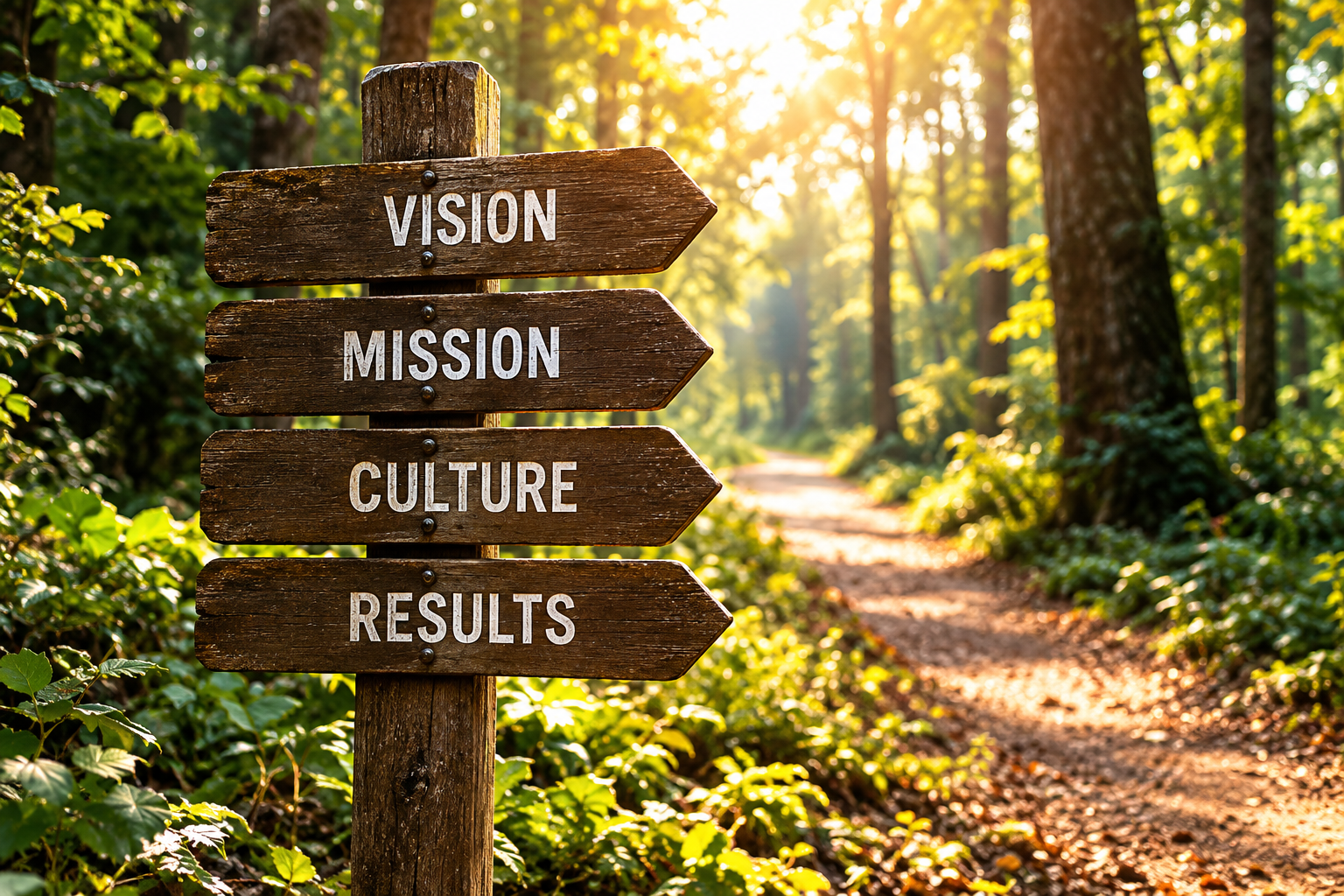 Wooden signpost in a forest with the signs Vision, Mission, Culture and Results